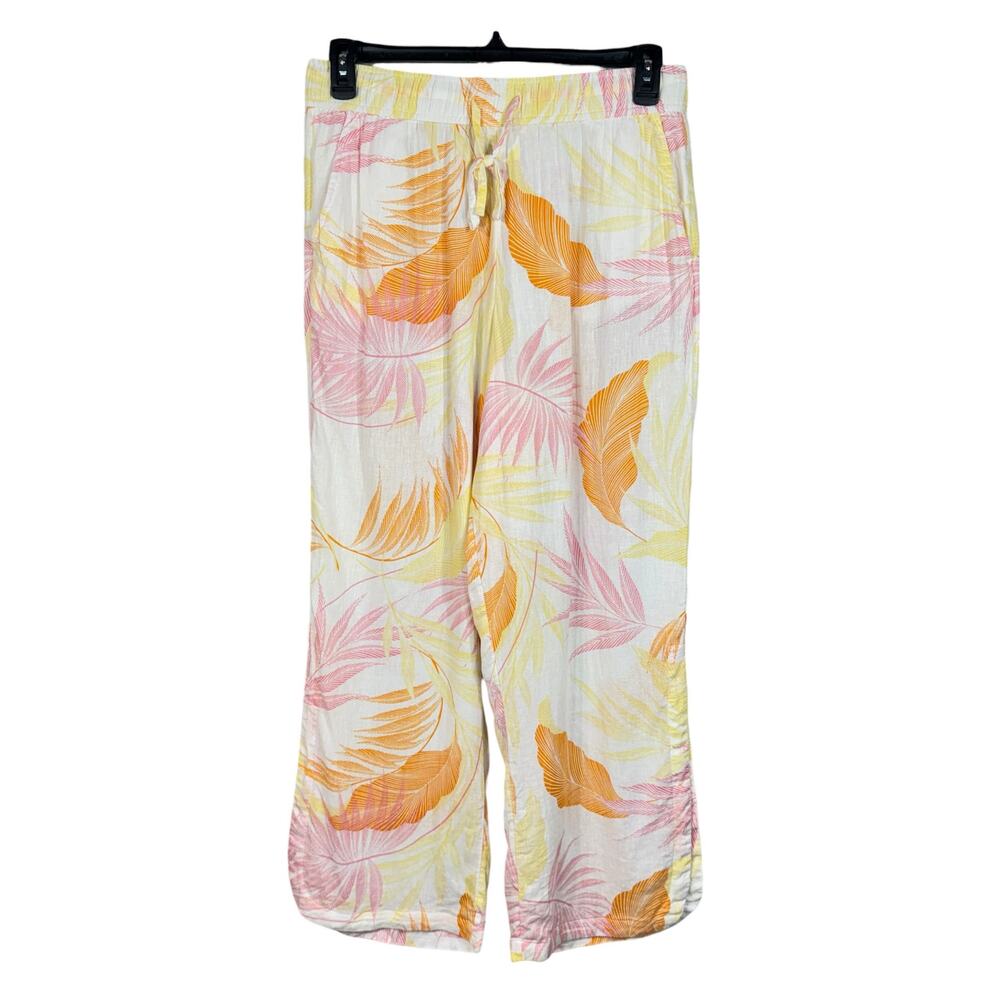 C&C California Large Linen Blend Pants Pull-On Side Slits Semi-Sheer Pockets